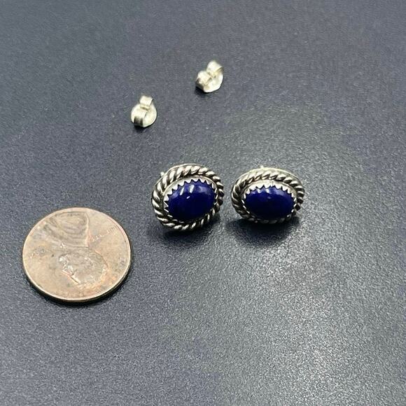 Vintage Sterling Silver Blue Lapis Lazuli Oval Stud Earrings Rope Border Signed - Picture 2 of 15